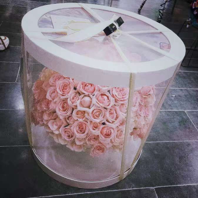 Transparent Plastic Preserved Bouquet Packaging Round Gift Clear PVC Cylindrical Flower Box For Flowers with Ribbon Handle