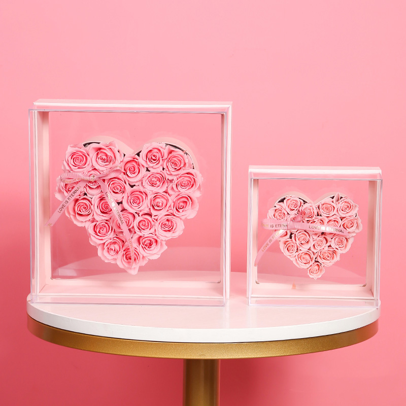 Custom Acrylic Heart-shaped Immortal Rose Flower Display Box Square Transparent Flower Arrangement Box Valentine's Day