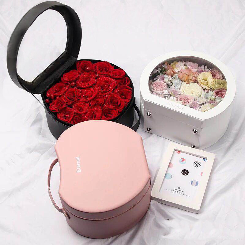Creative Portable Apple Shaped Leather Valentine's Day Immortal Flowers Gift Box with Transparent Window