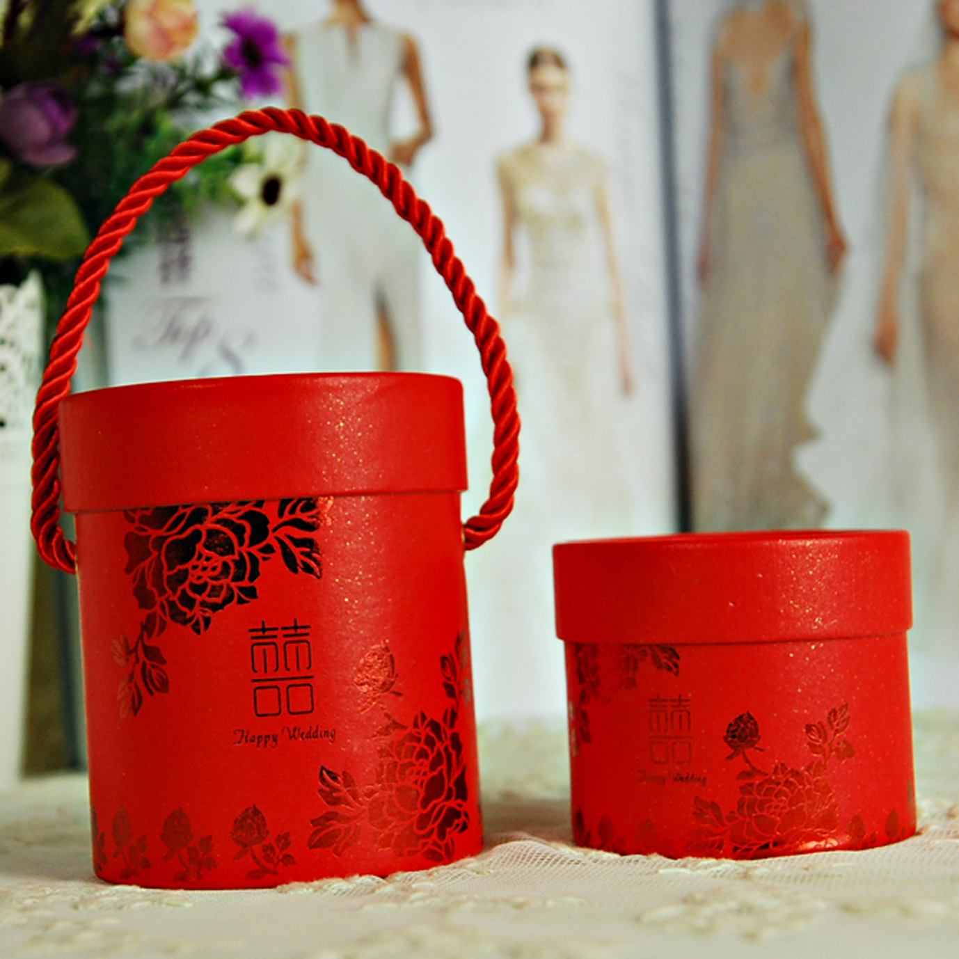 Chinese style mini wedding box/red printed round paper storage gift box with custom logo in EECA Packaging