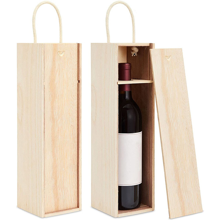 Custom Logo Unfinished Natural Brown Wooden Crafts Single Wine Bottle Gift Packaging Box With Handle Wholesale