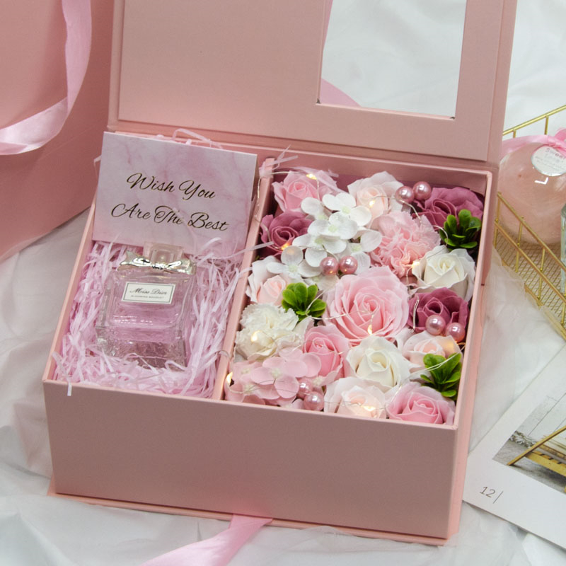 Luxury Magnetic Closure Foldable Paper Soap Rose Flower Necklace Gift Packaging Box with Clear Window And Custom Logo for Valentine's Day