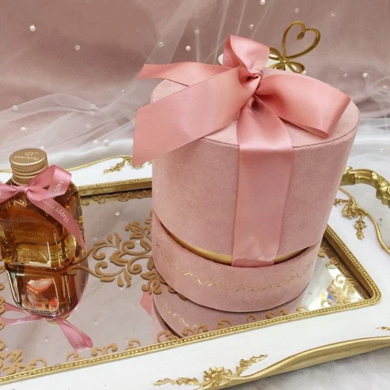 Custom Design Logo Printing Small Round Velvet Perfume Bottle Wedding Candle Gift Packaging Boxes with Ribbon Wholesale
