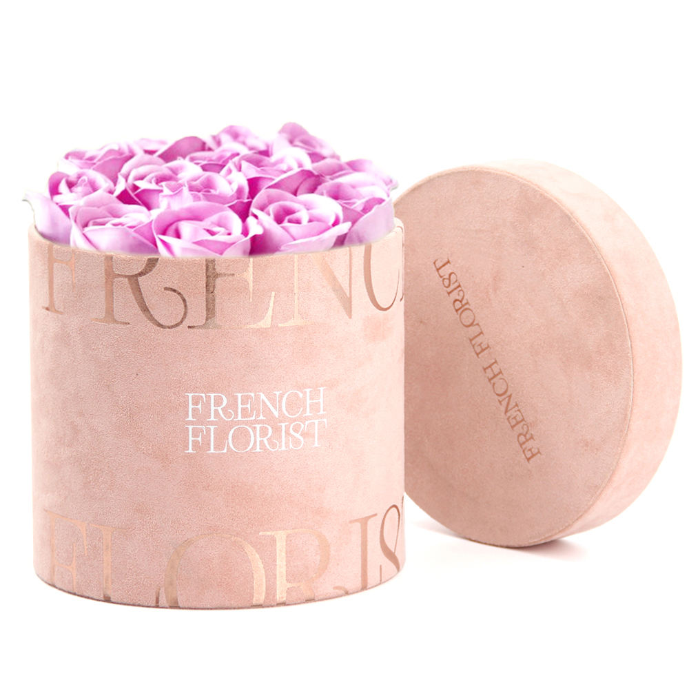 Custom Round Suede Preserved Rose Artificial Rose Flower Head Display Box for Decoration And Gift Velvet Flower Packaging Box