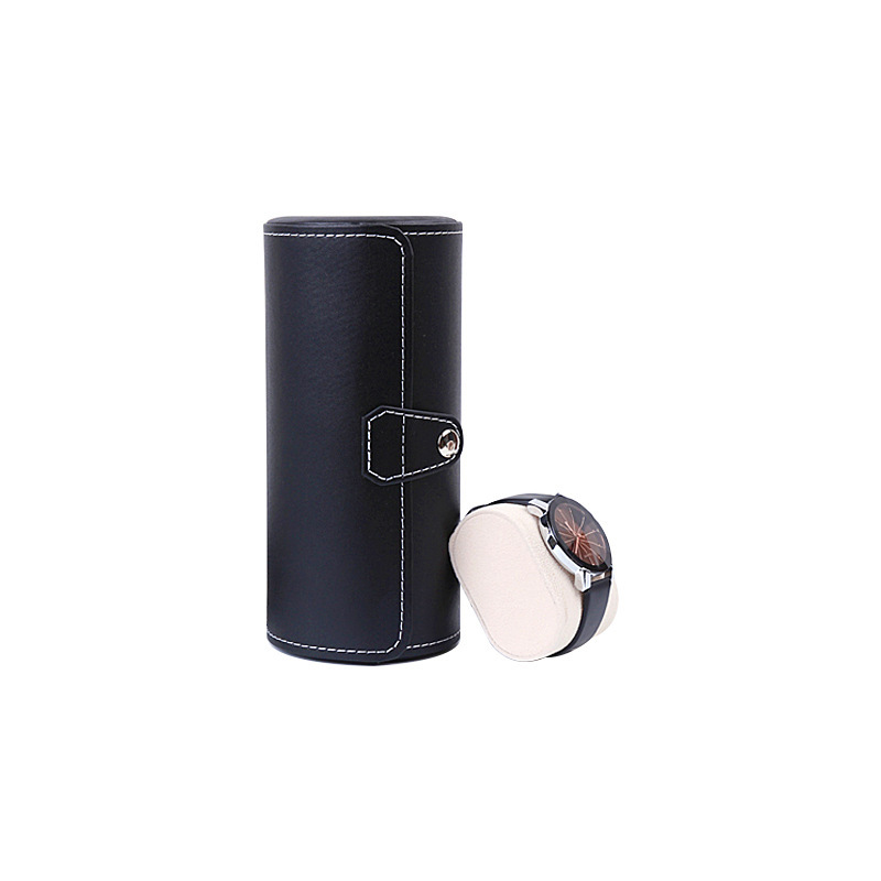 Amazon Hot Sale Customized Logo Black PI Leather Cylinder Watch Storage Box With Foam Insert Wholesale