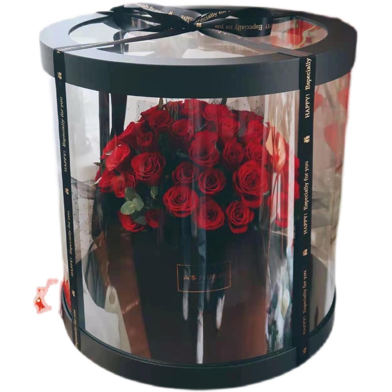 Transparent Plastic Preserved Bouquet Packaging Round Gift Clear PVC Cylindrical Flower Box For Flowers with Ribbon Handle