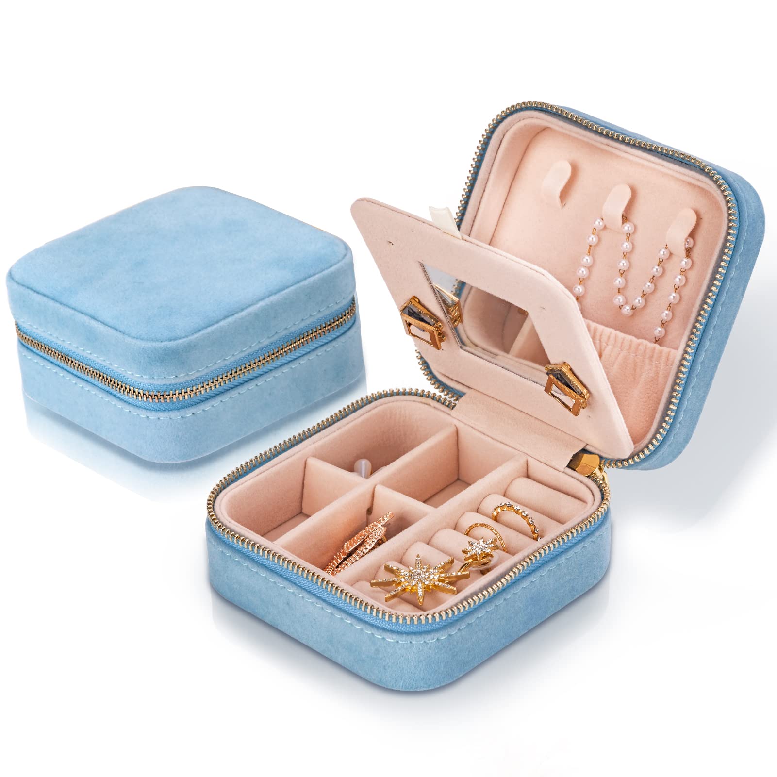 Small Velvet Travel Jewelry Organizer Box for Women Earring Ring Necklace Pendant Jewelry Travel Case Packaging Box with Mirror