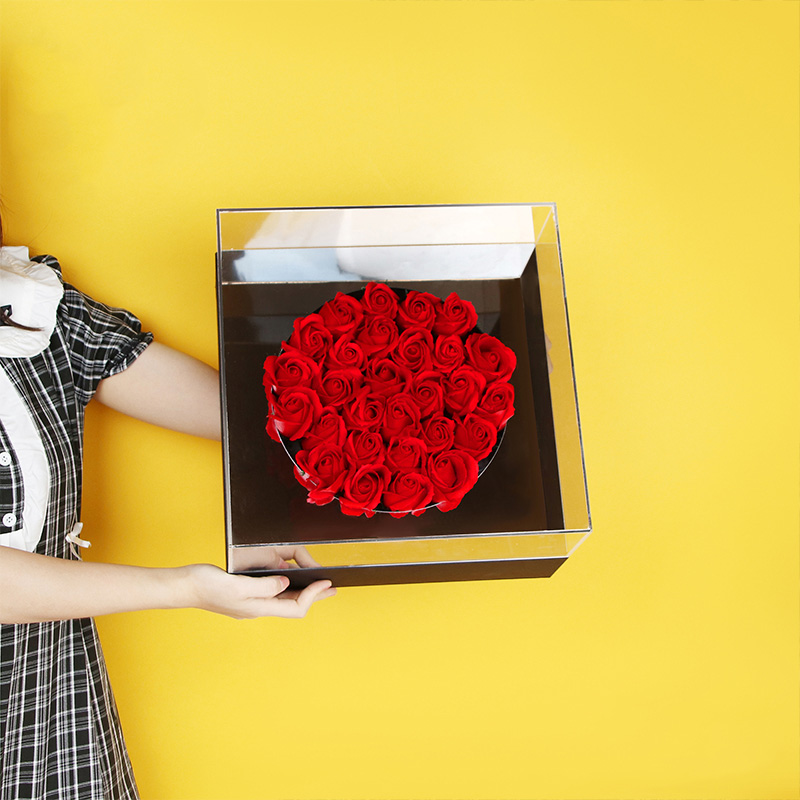 High Grade Creative Square Transparent Acrylic Mirror Valentine's Day Rose Flower Bouquet Packaging Box