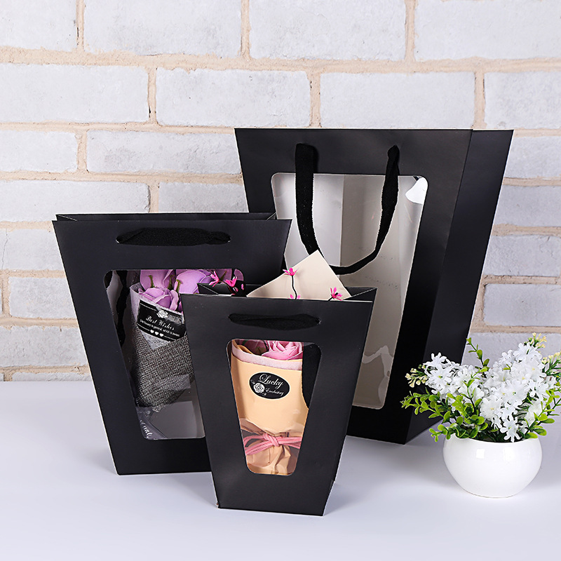 New Arrival Trapezoidal Transparent PVC Window Rose Flower Bouquet Decoration Carrier Packaging Bag Box with Handle