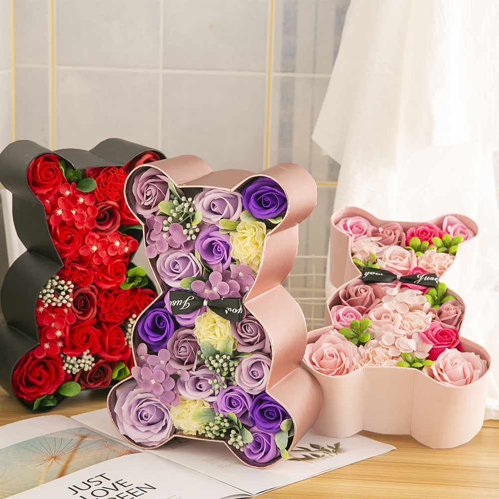 Creative Lovely Valentine's Day Birthday Christmas Paper Bear Shape Rose Soap Flower Gift Packaging Box