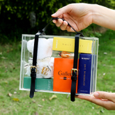 High-grade Transparent Acrylic Wedding Candy Gift Scented Candle Cosmetic Carry Packaging Box with PU Leather Handle
