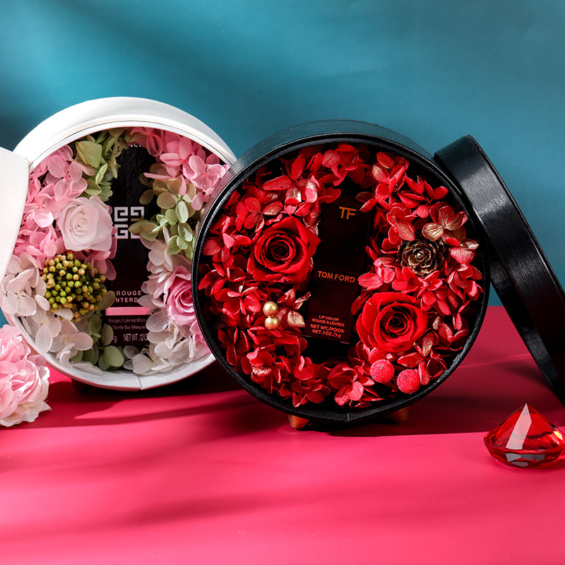 Creative Round PU Leather Transparent Window Valentine's Day Immortal Rose Flowers Lipstick Gift Box Wholesale