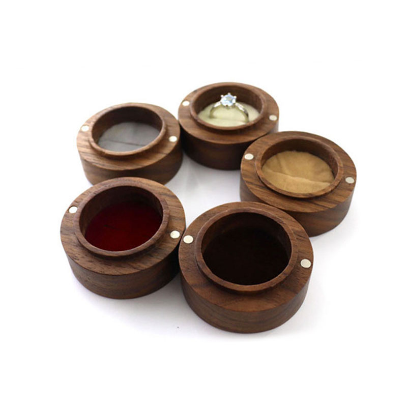 Luxury brown round wooden ring earring storage box small jewelry packaging box with foam insert