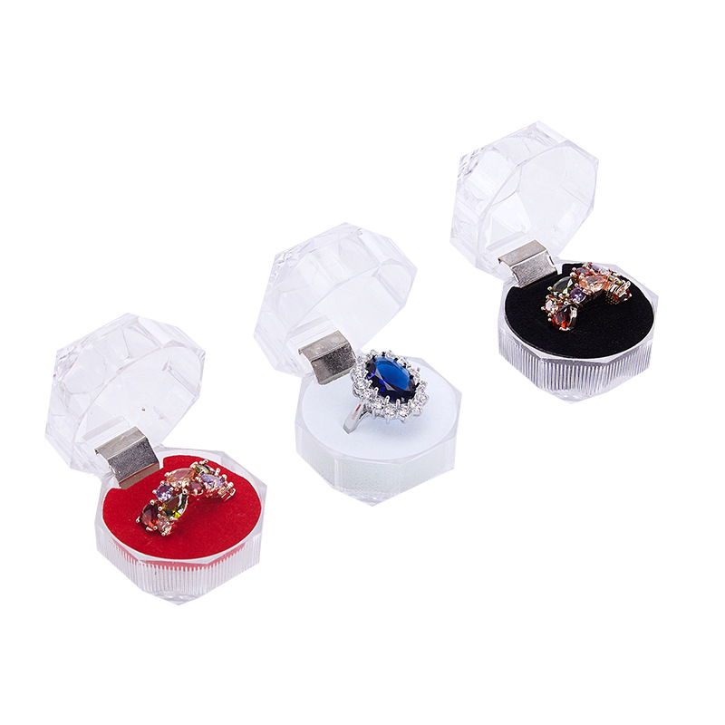 New Style Small Transparent Acrylic Flip Cover Hexagonal Ring Jewelry Storage Box with Foam Insert