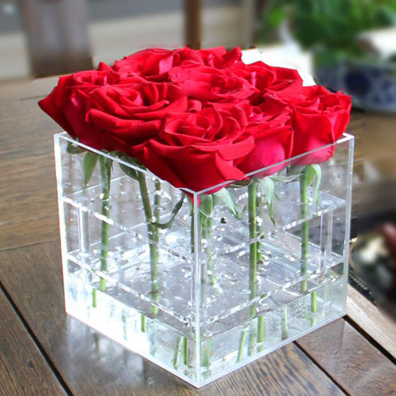 Factory Luxury Custom Logo Clear Square Flower Box Empty Rose Transparent Acrylic Flower Gift Packaging Box for Wedding