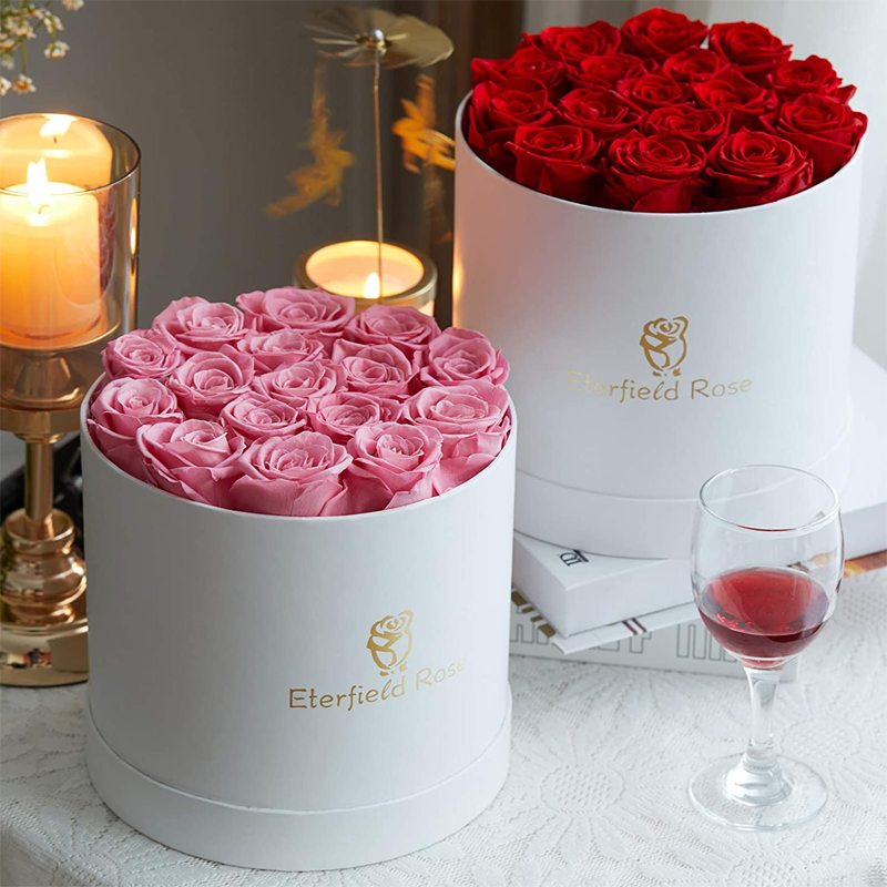 Luxury Fancy Cardboard Round Preserved Rose Flower Bouquet Packaging Box with Ribbon for Wedding Flower Arrangement