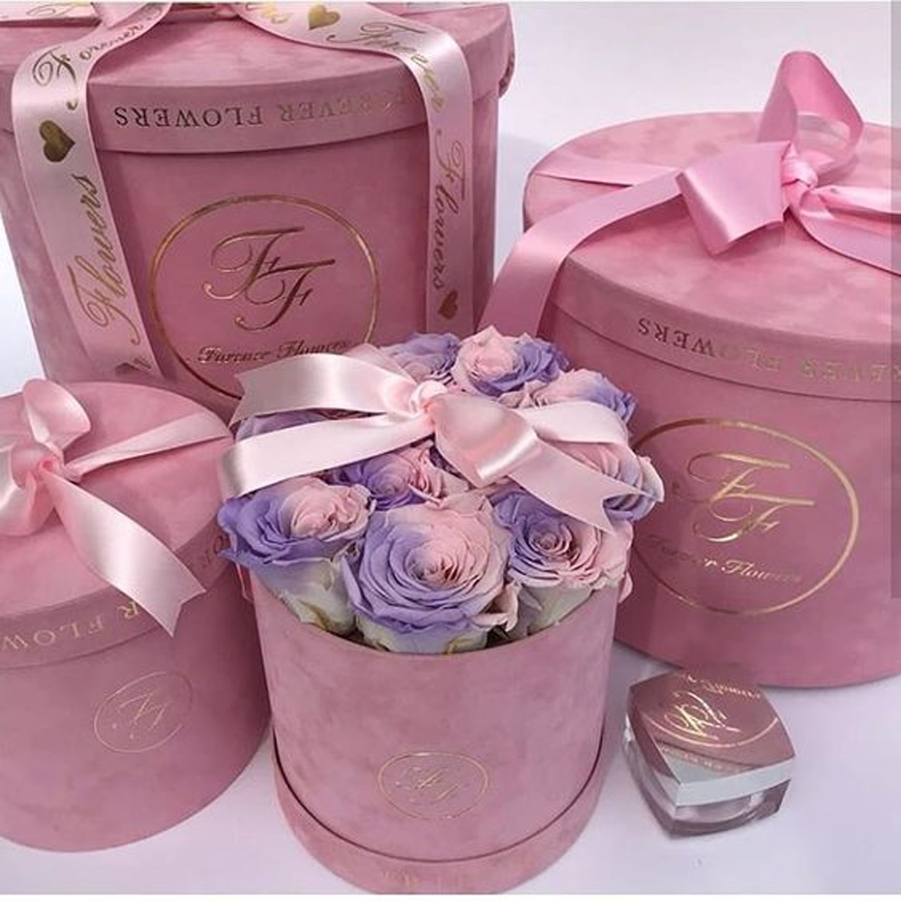Custom Gold Logo Preserved Rose Flower Gift Boxes Suede Velvet Soap Rose Flower Round Packaging Box for Decoration And Gift