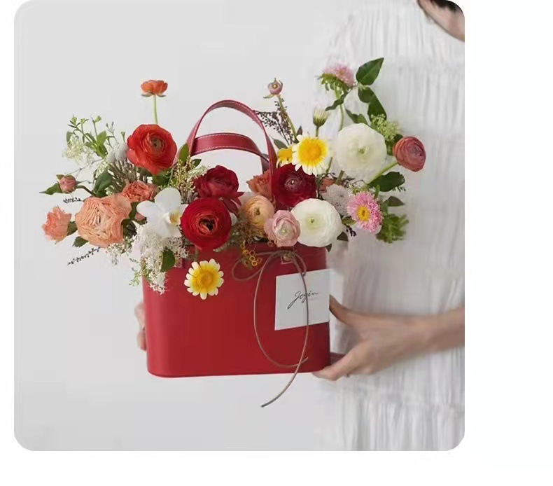 New Oval Leather Holding Bucket Christmas Flower Gift Box Round Portable Leather Basket Flower Arrangement Bucket Hand Gift Bag