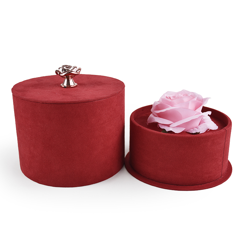 Suede Cylinder Flower Box with Gold Plated Metal Rose Decoration Handle Grip