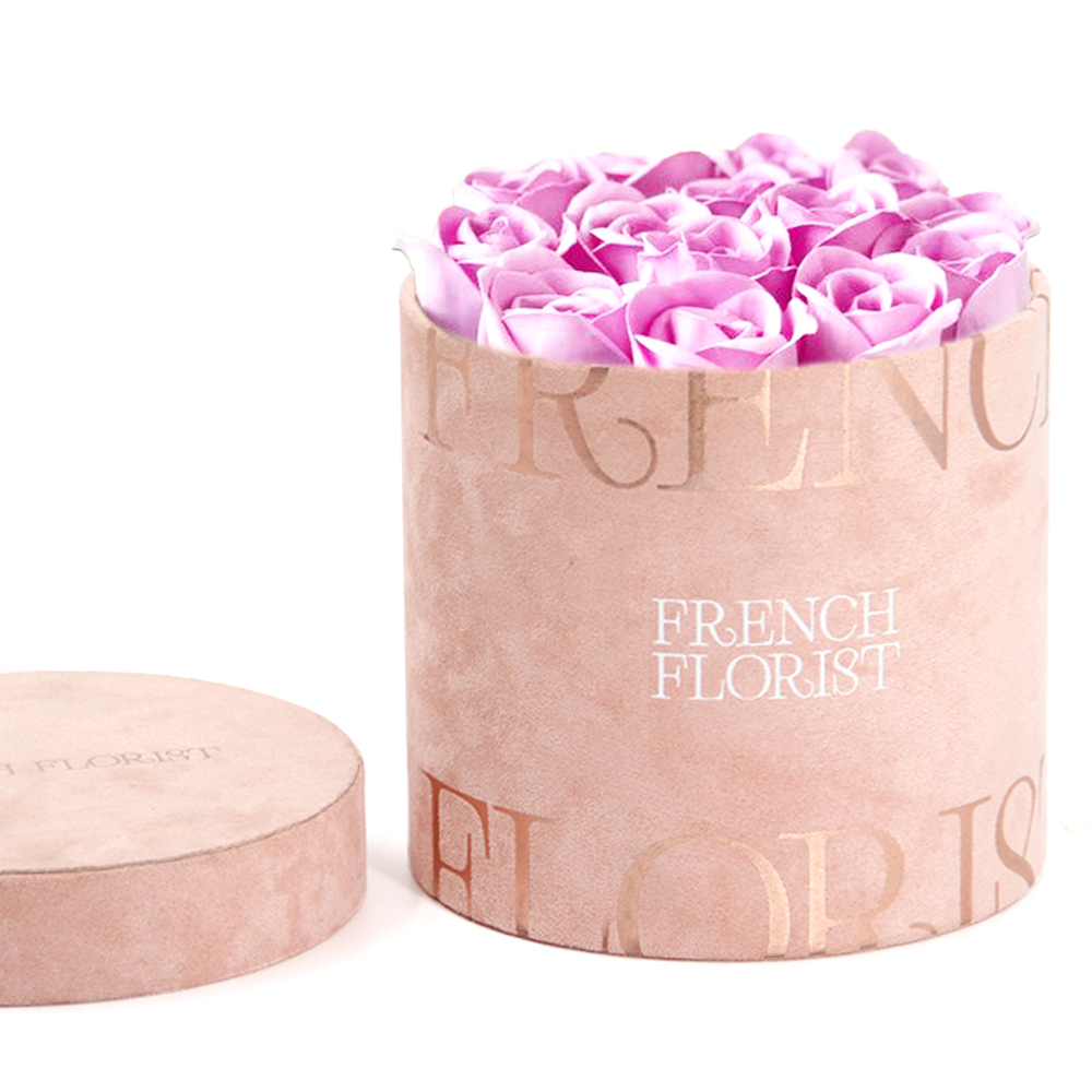 Custom Round Suede Preserved Rose Artificial Rose Flower Head Display Box for Decoration And Gift Velvet Flower Packaging Box