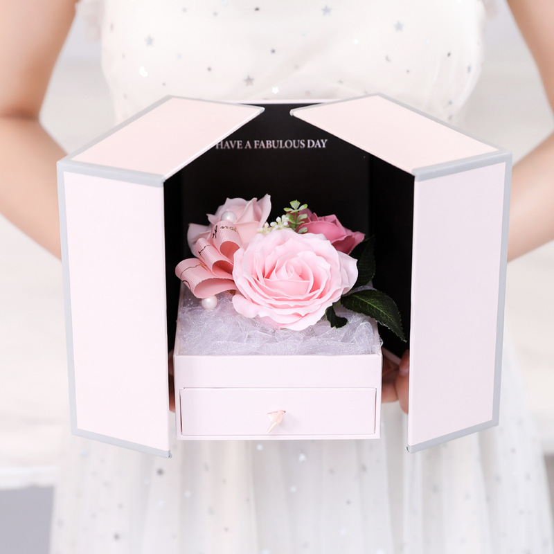 Magic Cube Double Drawer Paper Jewelry Rose Flower Bouquet Gift Packaging Box for Valentine's Day Birthday Gift