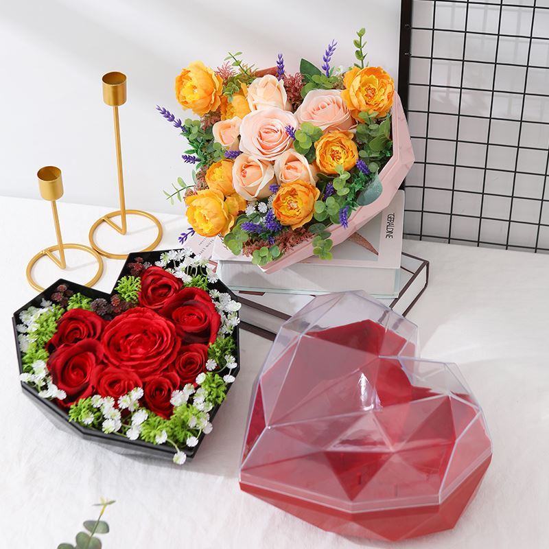 New Arrival Transparent Diamond Heart Shape Acrylic Preserved Eternal Rose Flower Gift Box Valentine's Day Hot Sale