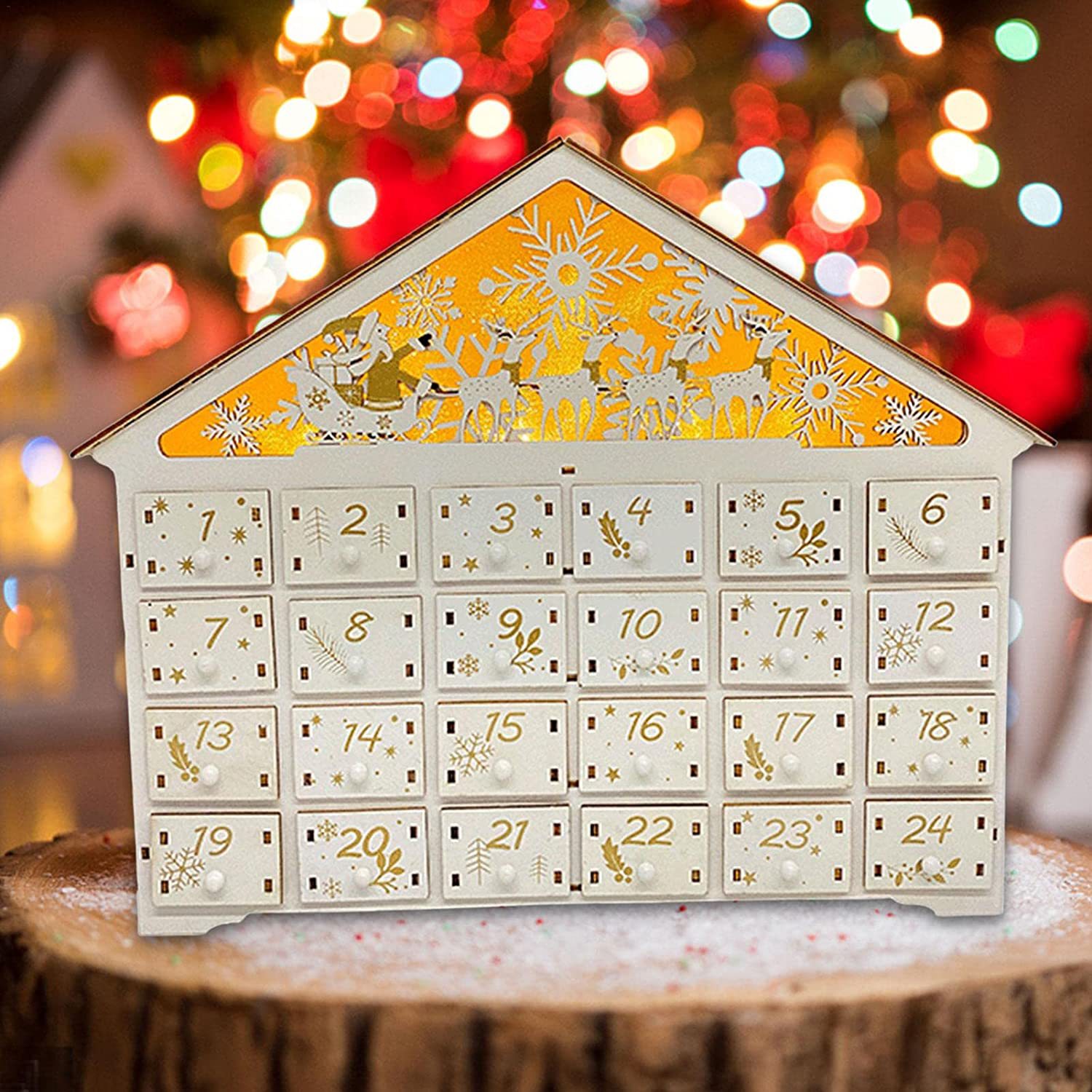 24 Day White Wooden House Christmas Countdown Advent Calendar Packaging Box with Lighted Reindeer Sled