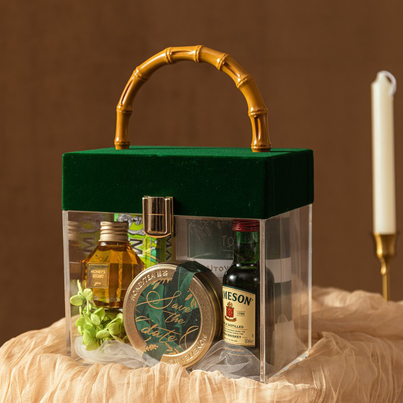 New Creative Portable Clear Acrylic Velvet Lid Wedding Birthday Scented Candle Cosmetic Gift Packaging Box with Bamboo Handle