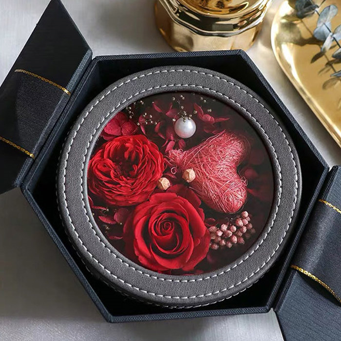 Creative Luxury Round Leather Valentine's Day Preserved Rose Flowers Gift Packaging Box with Transparent Window