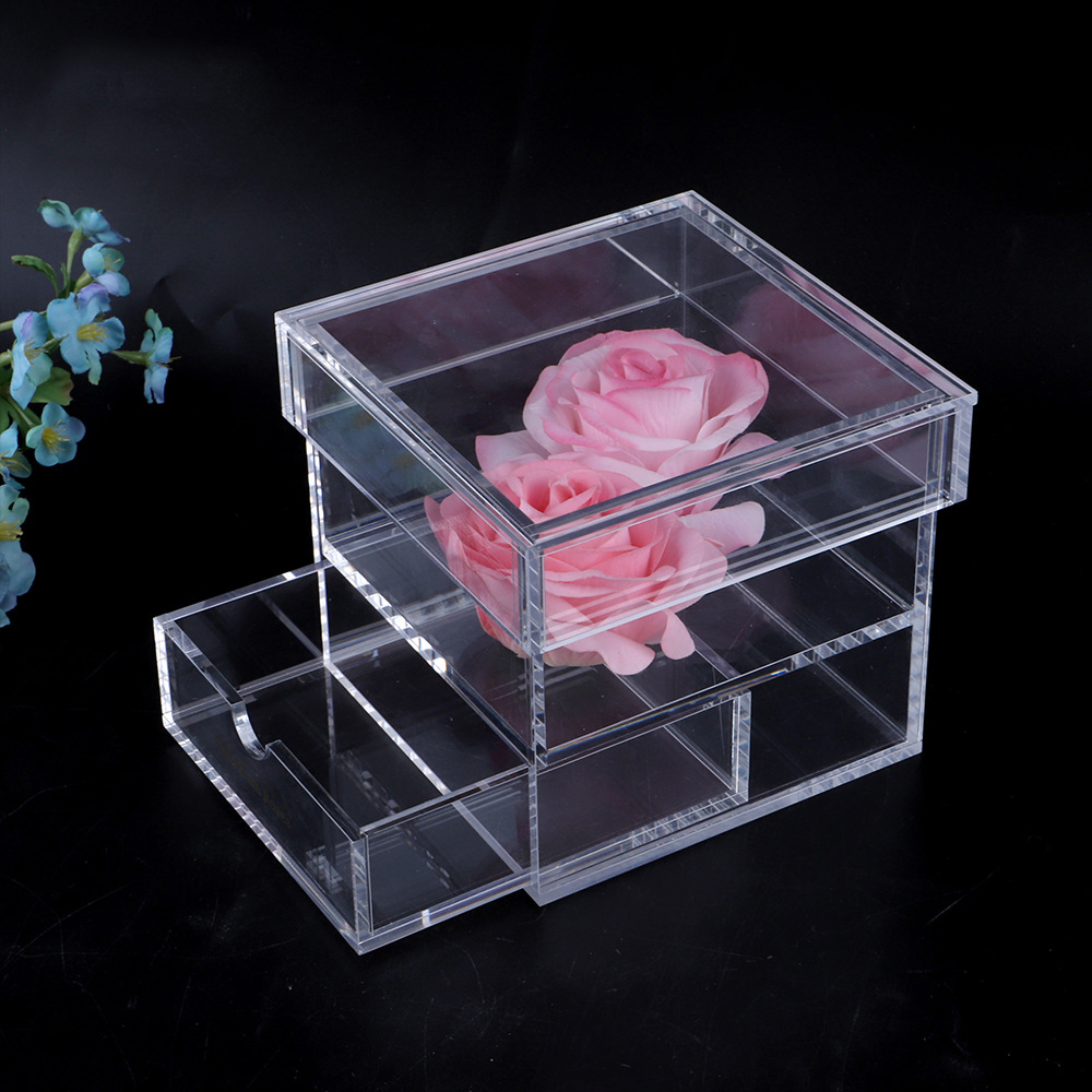Custom logo square empty acrylic rose flower chocolate gift packaging box with drawer for Valentine's Day preserved flowers