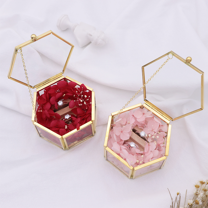 Creative INS Style Transparent Glass Hexagon Wedding Exchange Ceremony Eternal Flower Ring Display Box