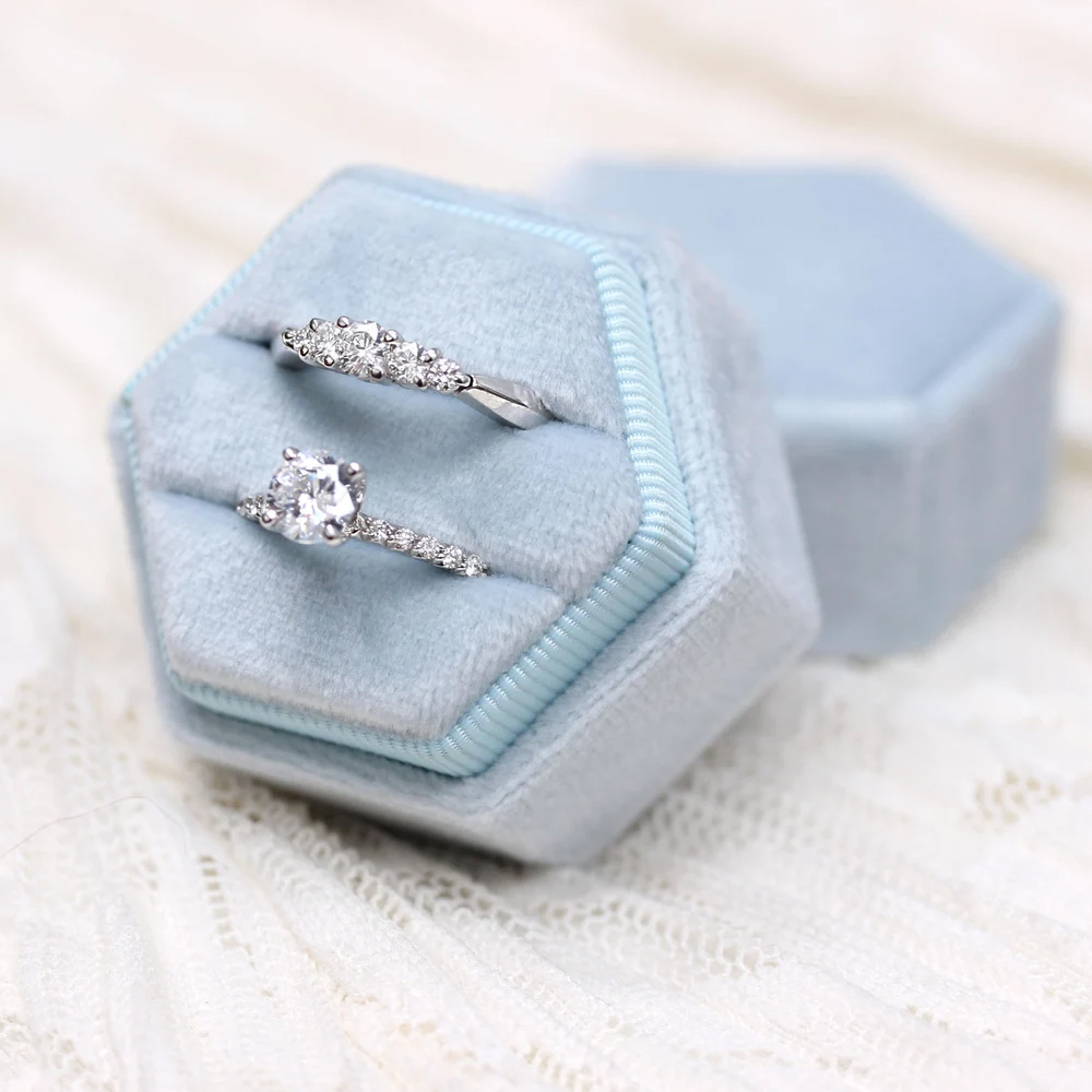 Custom Jewelry Packaging Gift Color Velvet Double Hexagon Ring Box Handmade Lovely Color Ring Box Engagement Velvet Ring Box