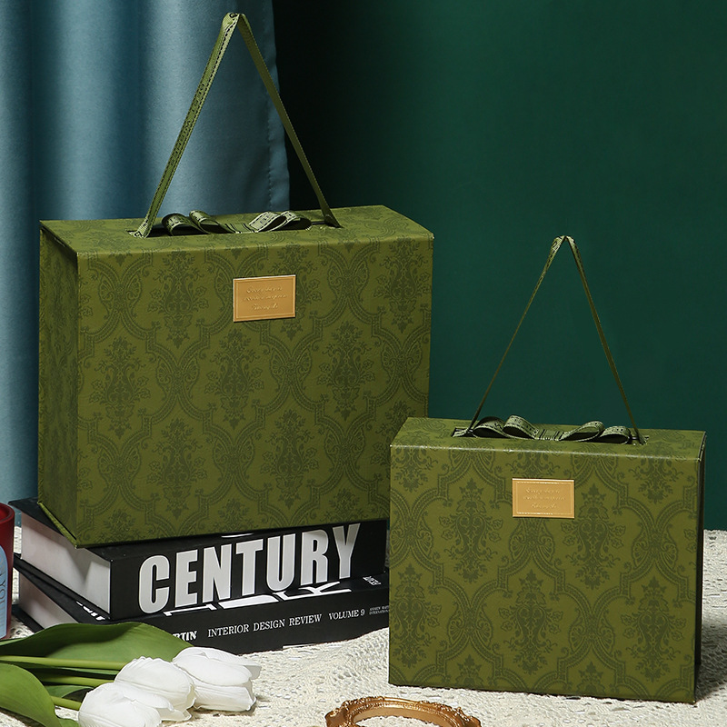 Wholesale Portable Folding Flip Paper Orange Green Gift Cosmetics Skin Care Product Packaging Box with Ribbon Handle